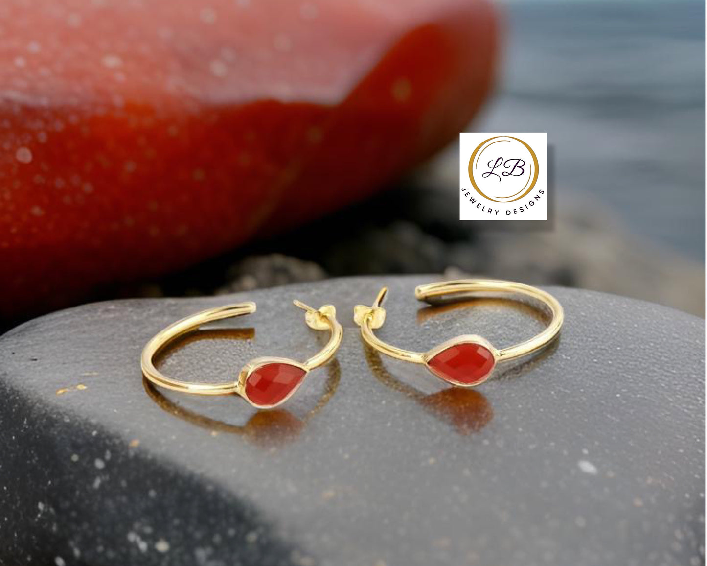 Pear-Shaped Orange Carnelian Gemstone Hoop Earrings 2.25”