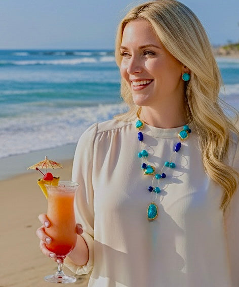 Limited Edition Turquoise & Lapis Lazuli Statement Necklace: Gold Open-Link Coastal Luxury Necklace