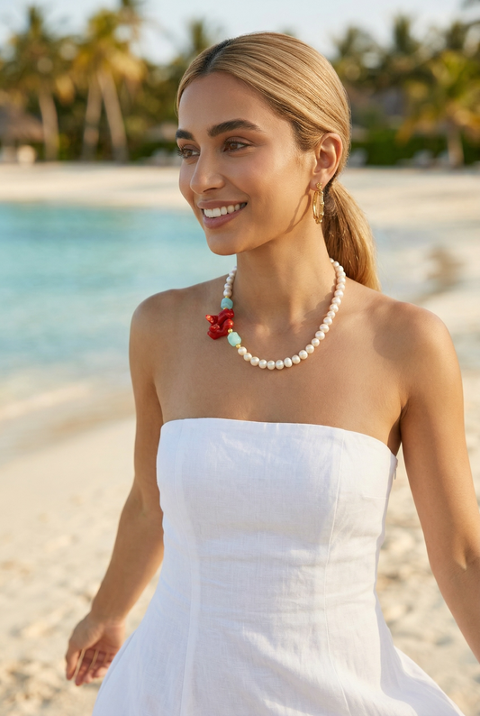 Capri Rosso Coral, Freshwater Pearl & Blue Opal Necklace - Luxury Coastal Statement Jewelry Set