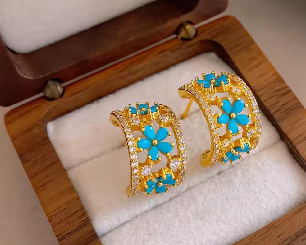 Sleeping Beauty Turquoise and CZ Huggie Hoop Earrings