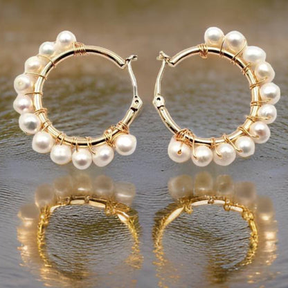 Medium-Size Gold Freshwater Pearl Hoop Earrings