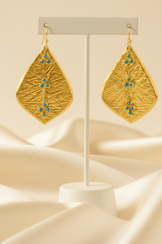 Capri Hammered Gold Leaf Turquoise Statement Earrings – 22k Gold Vermeil Resort Jewelry