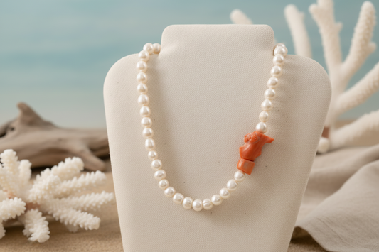 Amalfi Coral Pearl Necklace – Freshwater Pearl & Sculptural Coral Statement - Luxury Coastal Jewelry by Laura B. Smith