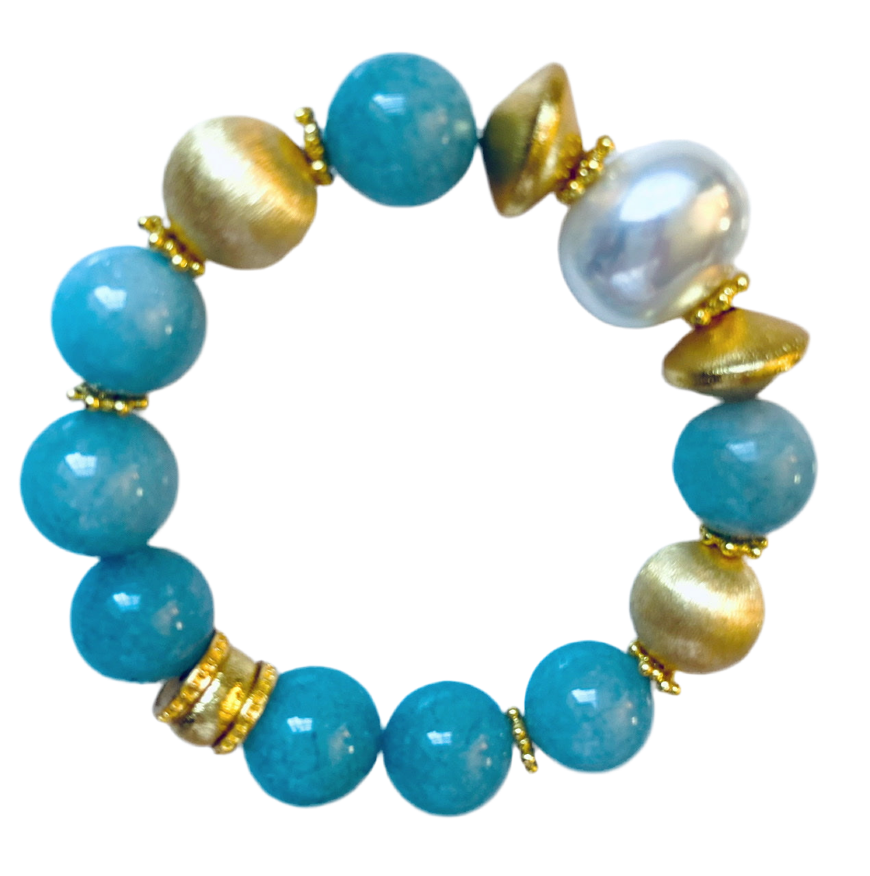 Stunning Large Aquamarine Gemstones 18k Gold Vermeil Beaded Bracelet with Majorica Center Pearl