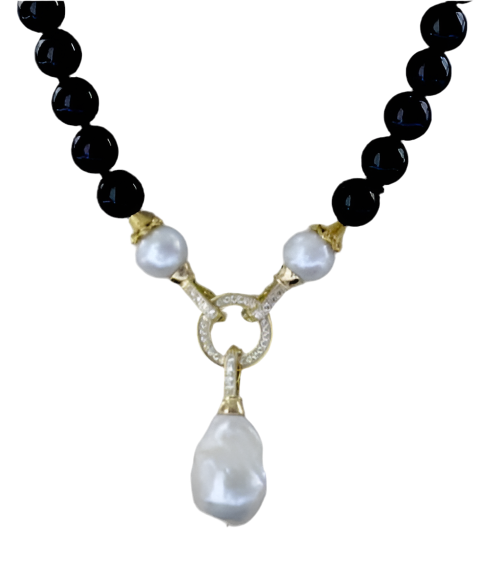 Detachable Keshi Pearl Drop & Black Onyx Gemstone Double-Knotted Statement Necklace 18"