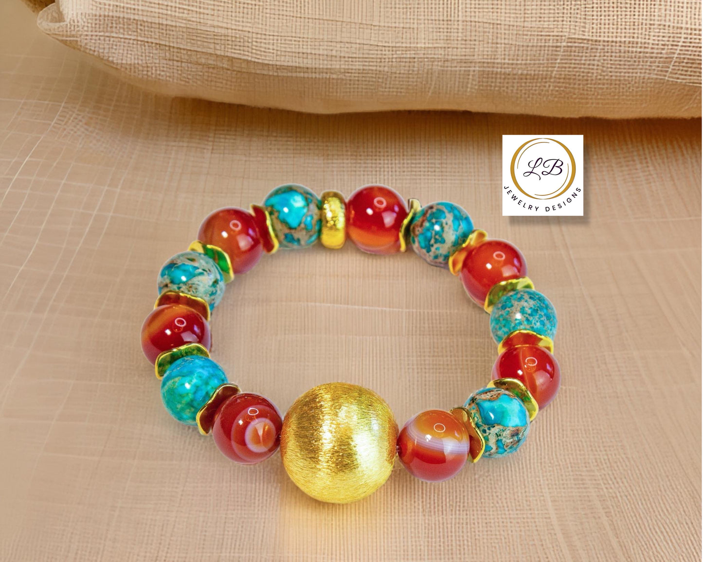 Orange Carnelian & Turquoise Gemstone 18k Brushed Gold Vermeil Statement Bracelet