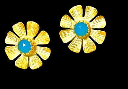 Blue Chalcedony Flower Gold Vermeil Statement Earrings 1”