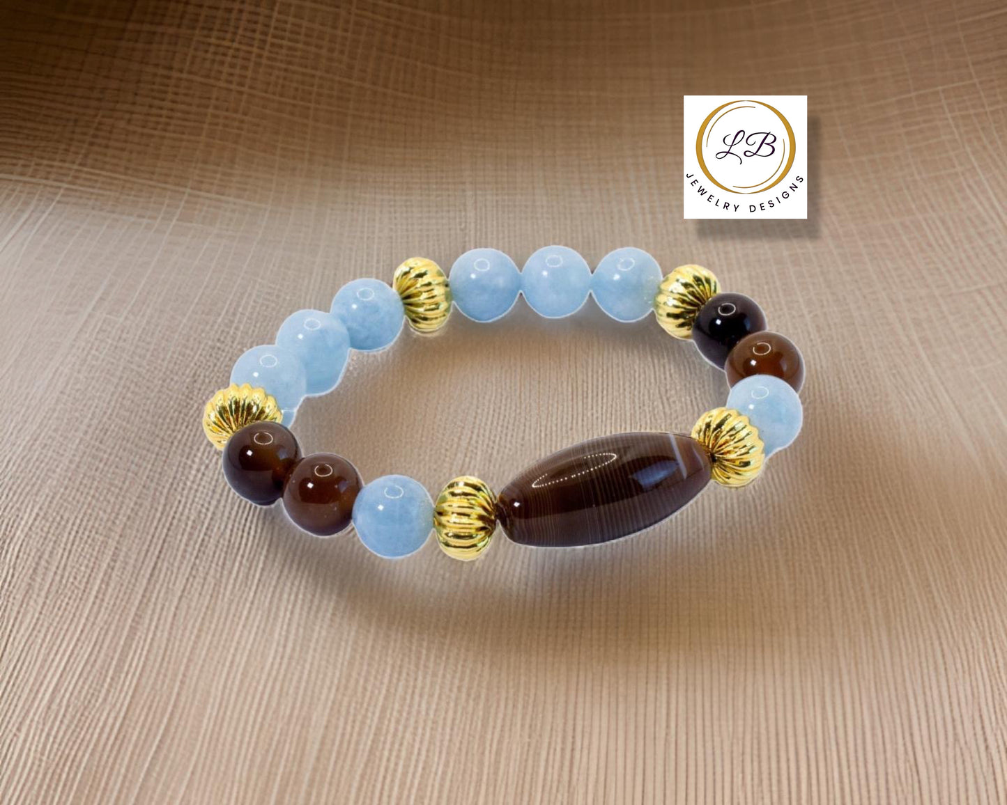 Botswana Agate & Aquamarine Gemstone Statement Bracelet