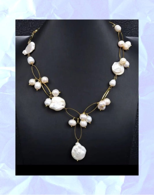 Elegant Freshwater Pearls 18k Gold Chain Statement Necklace 21