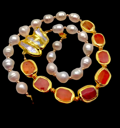 Orange Carnelian and Freshwater Pearls Gemstone Statement Necklace 23”