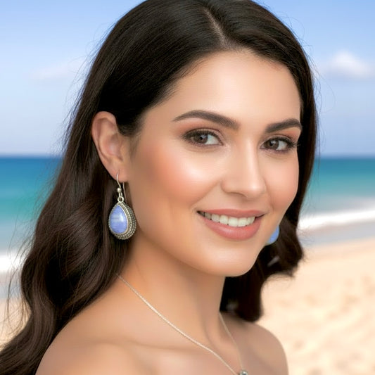 Blue Lace Agate Sterling Silver Dangle Earrings – Natural Blue Lace Gemstone Teardrop Earrings