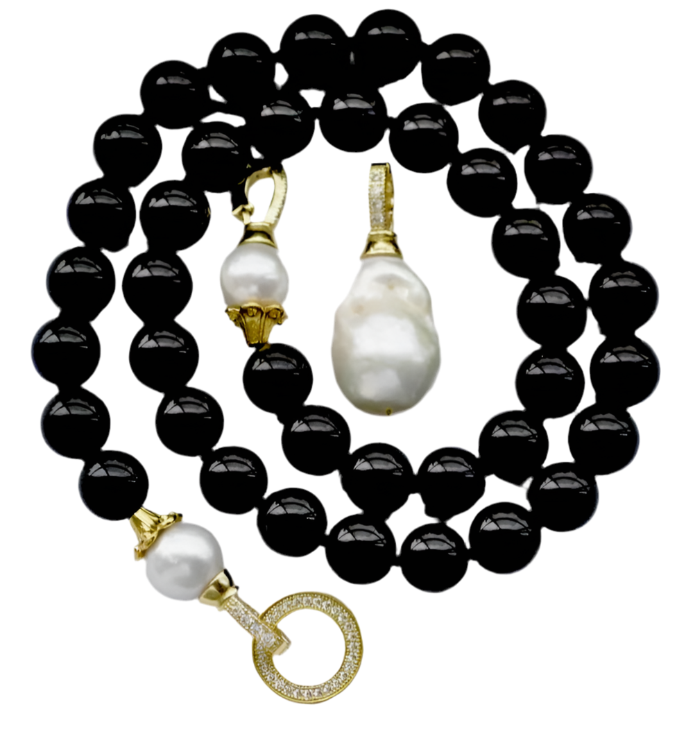 Detachable Keshi Pearl Drop & Black Onyx Gemstone Double-Knotted Statement Necklace 18"