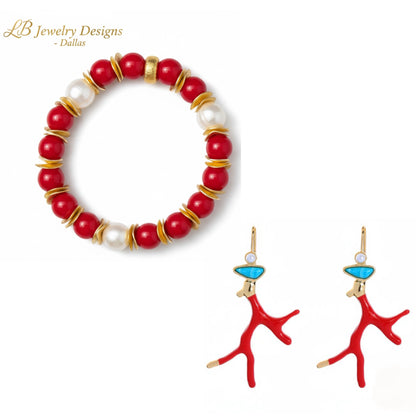 Red Coral Branch Earrings & Bracelet Set with Turquoise and Pearl – Coastal Resort Statement Jewelry