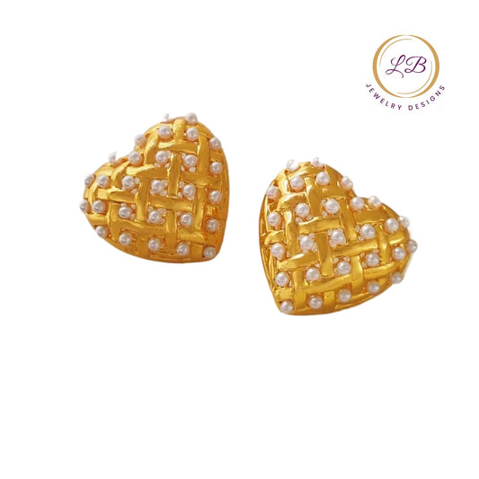 Heart-Shaped Pearl and Gold Stud Earrings