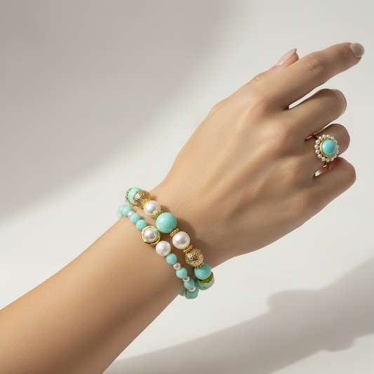 Amazonite & Pearl Gemstone Bracelet Set