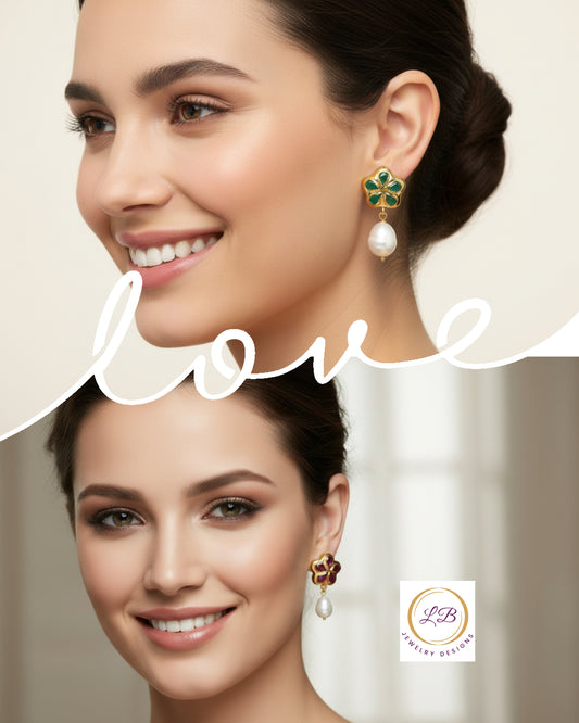 Jade & Freshwater Pearls Drop Earrings - Red or Green Jade