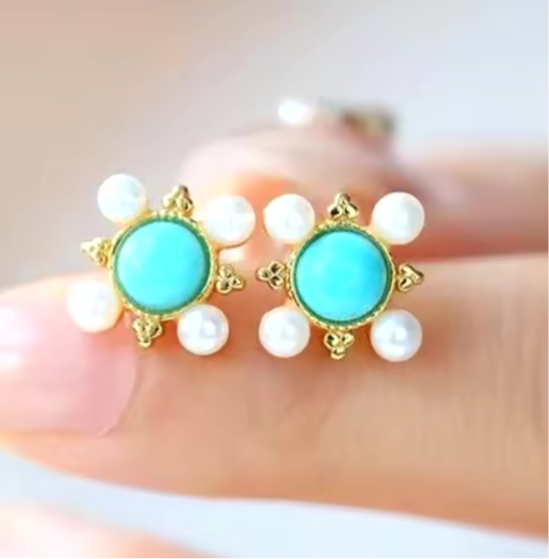 Petite Sleeping Beauty Turquoise & Pearl Stud Earrings