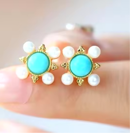 Petite Sleeping Beauty Turquoise & Pearl Stud Earrings