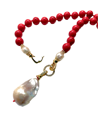 Rare Keshi Pearl and Red Gemstone Double-Knotted Statement Necklace 18"