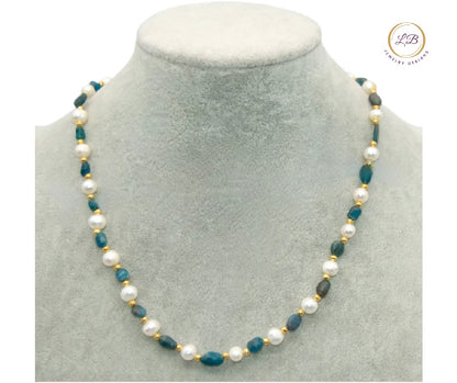 Blue Apatite & Pearl Gemstone Necklace and Hoops Set