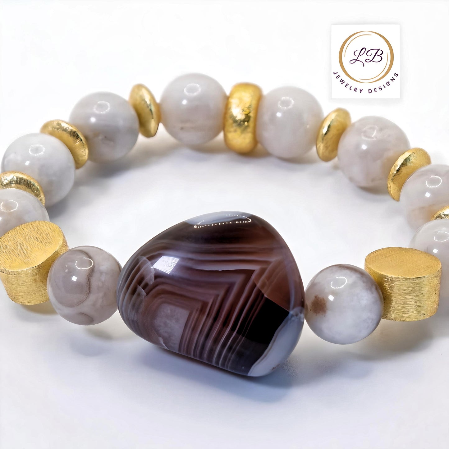 Rare Botswana Freeform Agate Gemstone & Striped Onyx Statement Bracelet