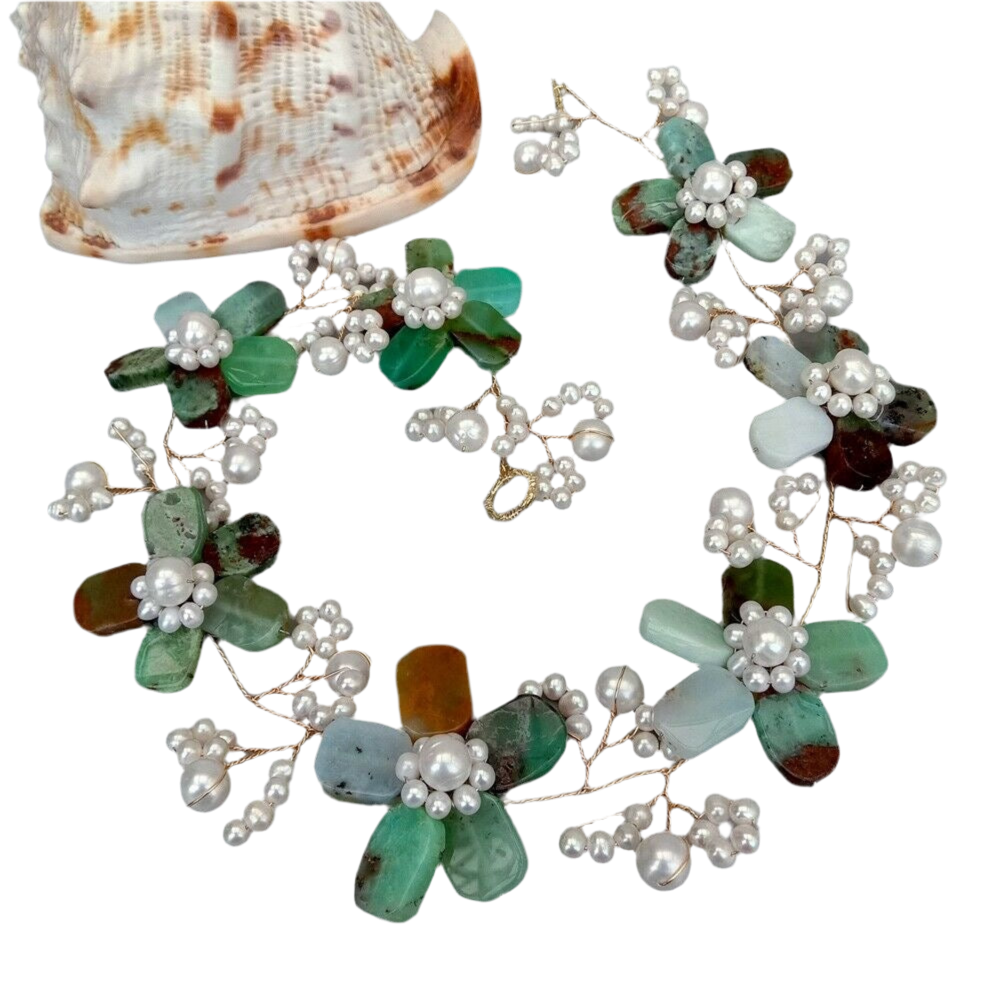 Rare Green Chrysoprase and Pearl Gemstone Flower Statement Necklace