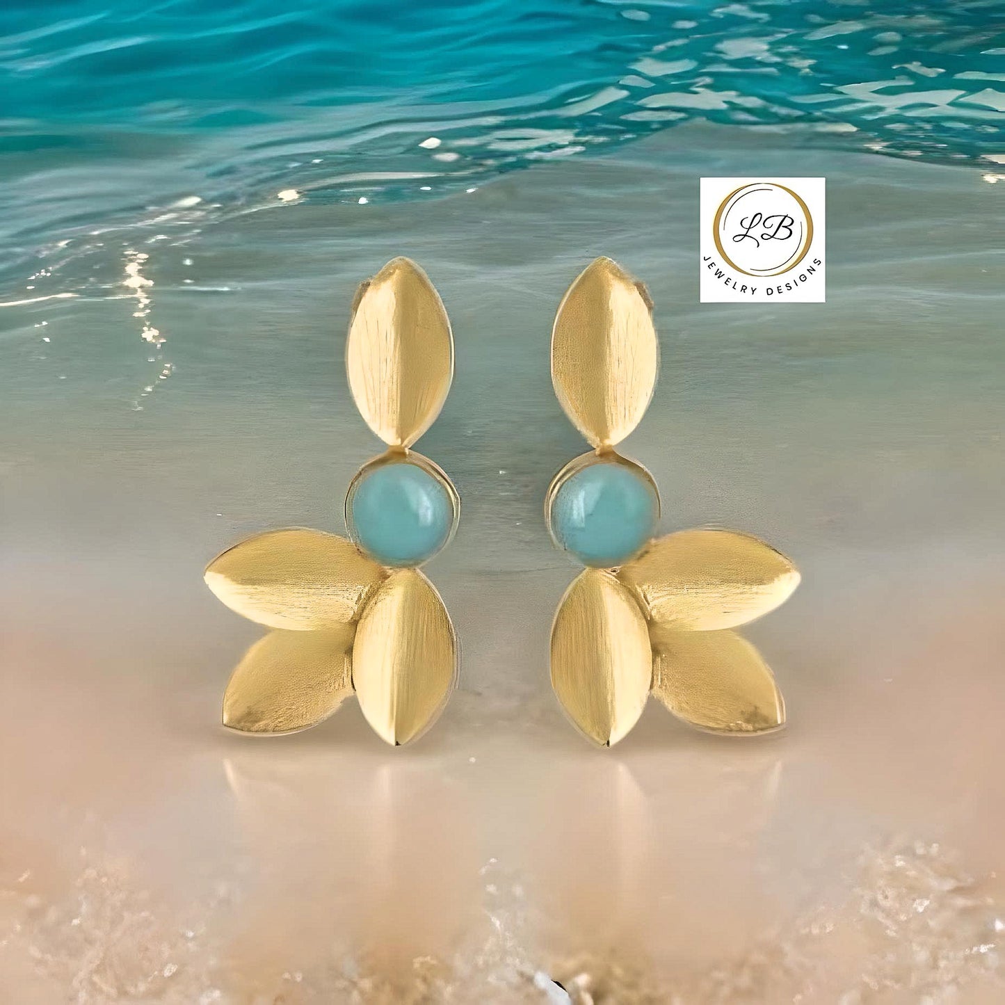 Aquamarine Leaf Design 22k Brushed Gold Vermeil Statement Earrings