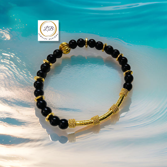 Dainty Black Onyx & Gold Vermeil Bali Tube Beaded Bracelet