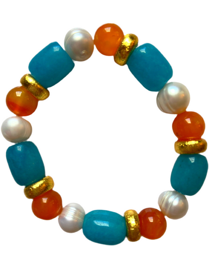 Orange Carnelian and Sea Blue Jade Gemstones Gold Beaded Bracelet