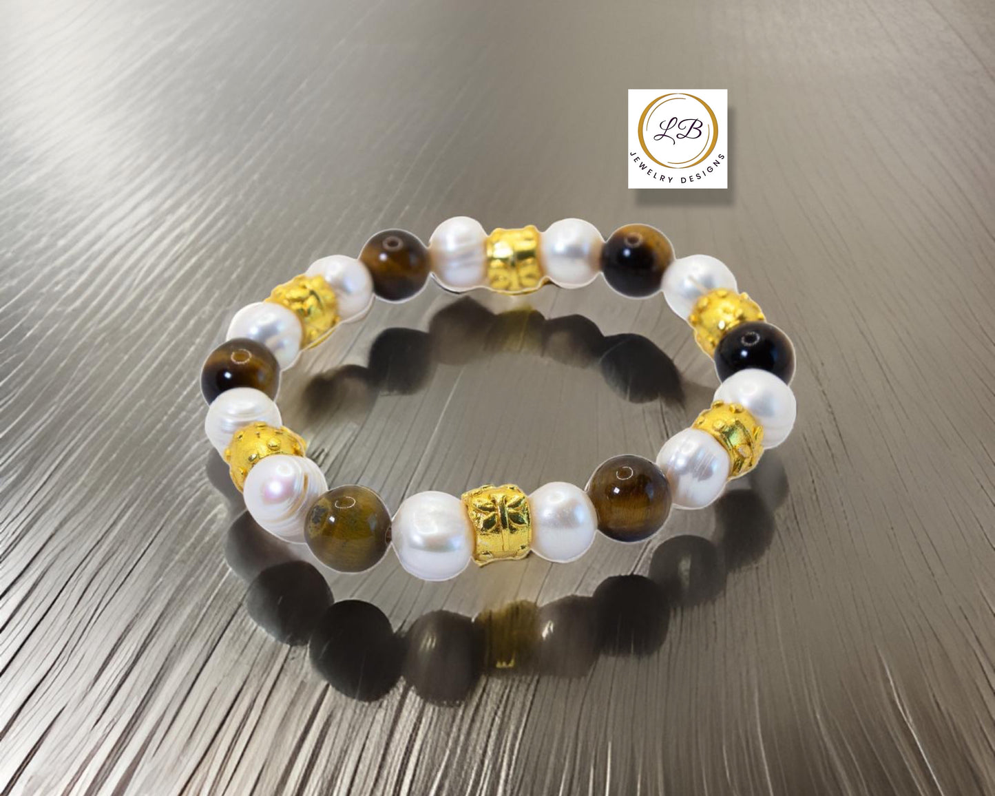 Tiger's Eye & Pearl Gemstone Gold Vermeil Beaded Bracelet