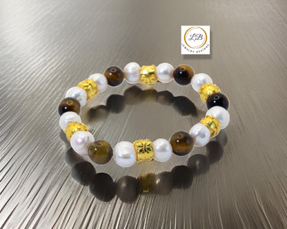 Tiger's Eye & Pearl Gemstone Gold Vermeil Beaded Bracelet