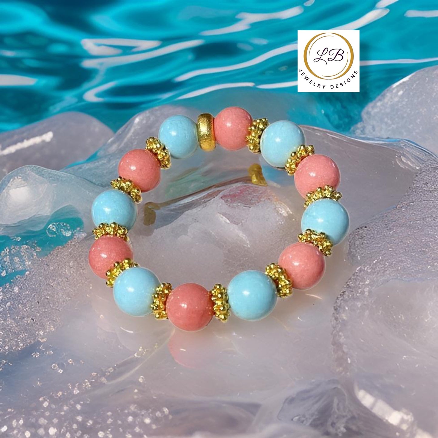 Turquoise & Rhodochrosite Gemstone Gold Beaded Bracelet