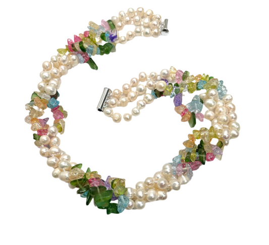 Colorful Tourmaline Gemstones and Freshwater Pearls Triple-Strand Statement Necklace 19"