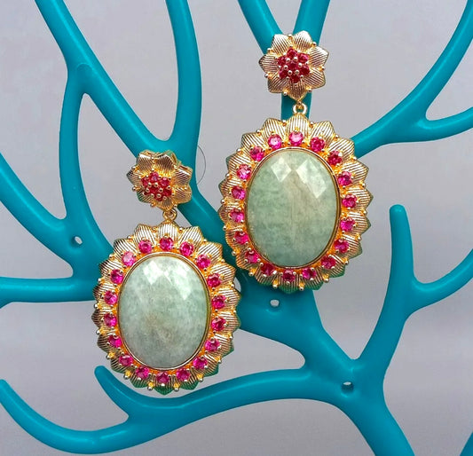 Green Amazonite Gemstone and Pink Bezel Statement Earrings 2