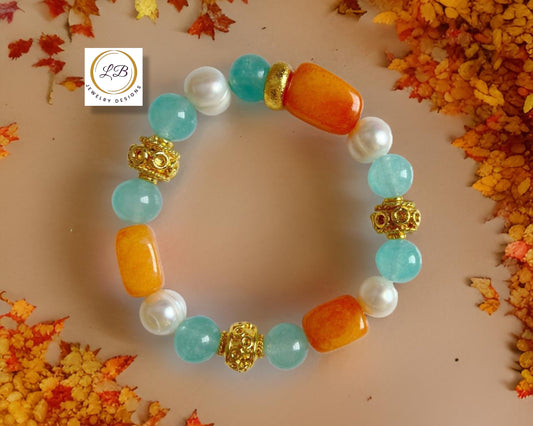 Colorful Carnelian, Baroque Pearls & Aquamarine Gemstones Gold Beaded Bracelet