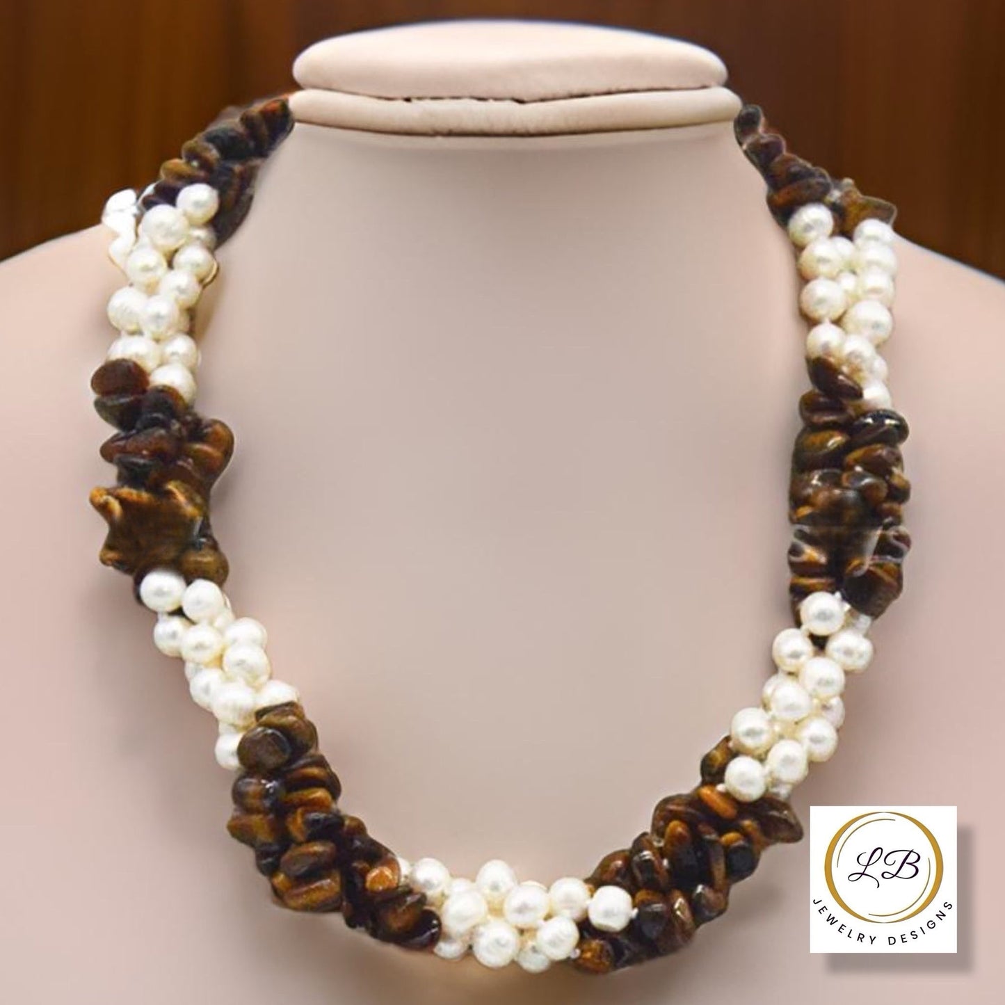 Tiger’s Eye & Freshwater Pearls Gemstone Triple-Strand Statement Necklace