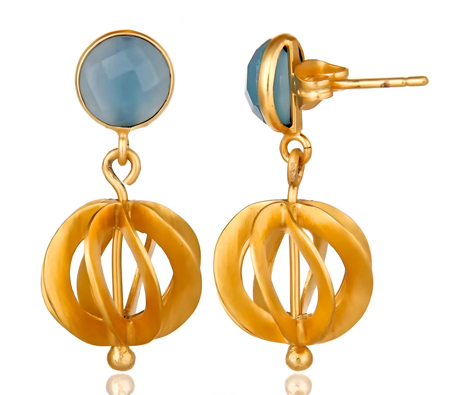 Light Blue Chalcedony Gold Vermeil Filigree Dangle Earrings