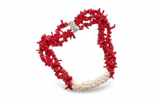 Red Coral & Freshwater Pearls Triple-Strand Statement Necklace 21"
