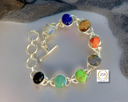 Multi-Gemstone Sterling Silver Adjustable Chain Link Bracelet