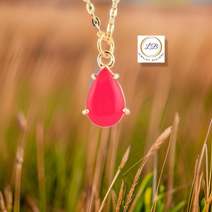 Minimalist Bright Pink Chalcedony Gold Chain Pendant Necklace 18”