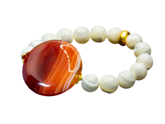 Orange-Striped Agate & Mother of Pearl Beaded Bracelet