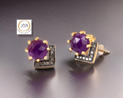 Petite Purple Aventurine and Rhodium Gold Stud Earrings