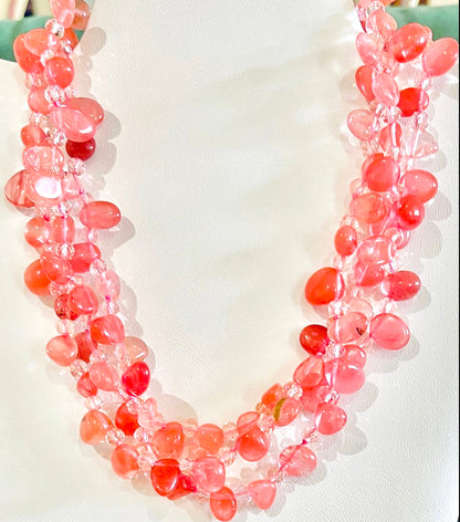 Vivid Triple-Strand Watermelon Quartz Statement Necklace 18”