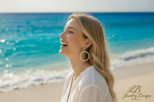 Sleeping Beauty Turquoise & Freshwater Pearl Halo Statement Earrings – 18k Gold Filled