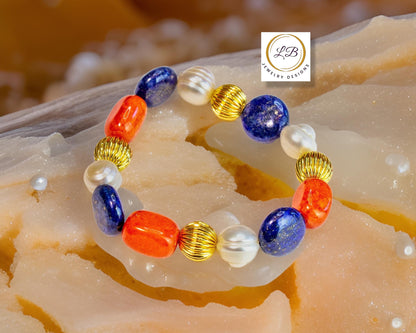 Lapis Lazuli, Carnelian & Baroque Pearl Gemstone Gold Beaded Bracelet