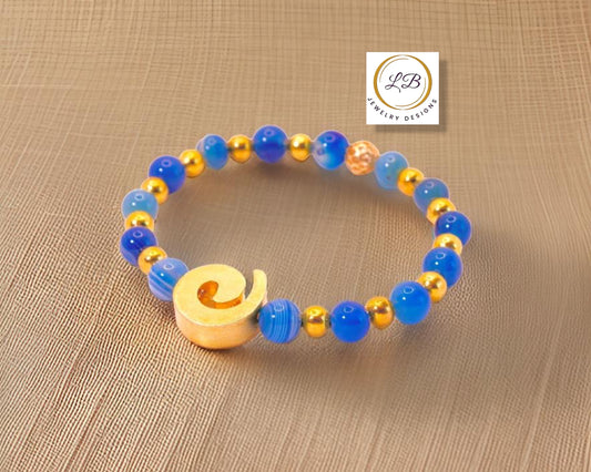 Blue-Banded Agate Gemstone Beaded Bracelet with Gold Swirl Accent