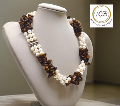Tiger’s Eye & Freshwater Pearls Gemstone Triple-Strand Statement Necklace