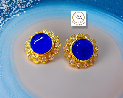 French Blue Chalcedony Gemstone Gold Stud Earrings