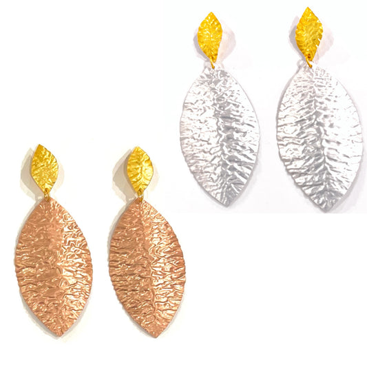 Two-Tone Silver and Rose Gold Hammered Dangle Earrings 2”