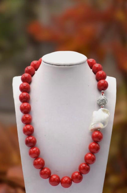 Red Coral & Baroque Pearl Gemstone Statement Necklace 18"